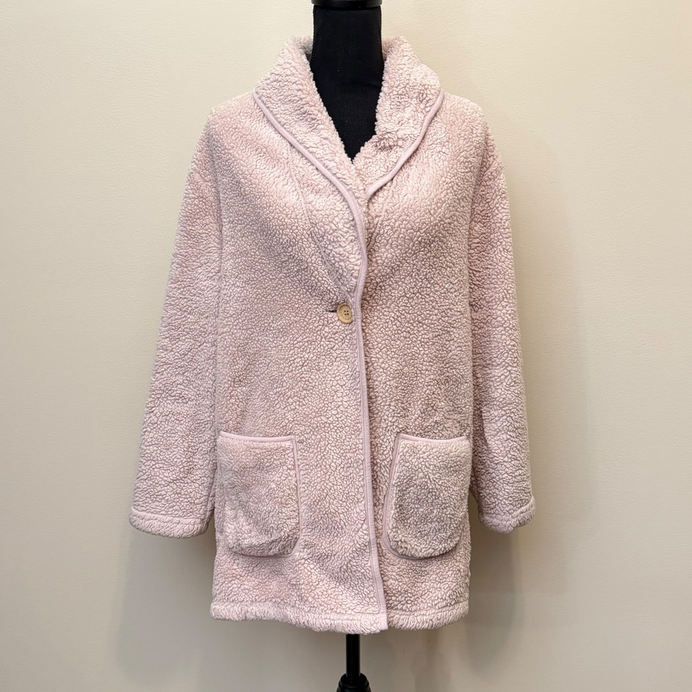 Soft Surroundings Pink Sherpa Fleece Jacket Shawl Collar Button Front Womens Med